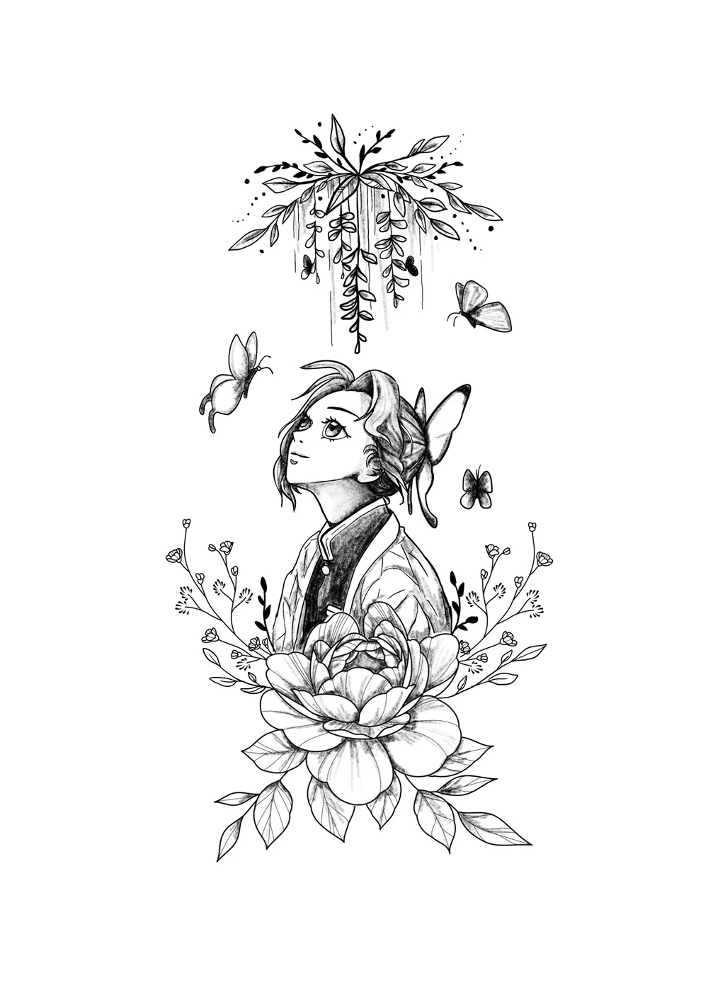 Tattoo Design Shinobu Demon Slayer Schmetterlinge Blumen Glyzinien