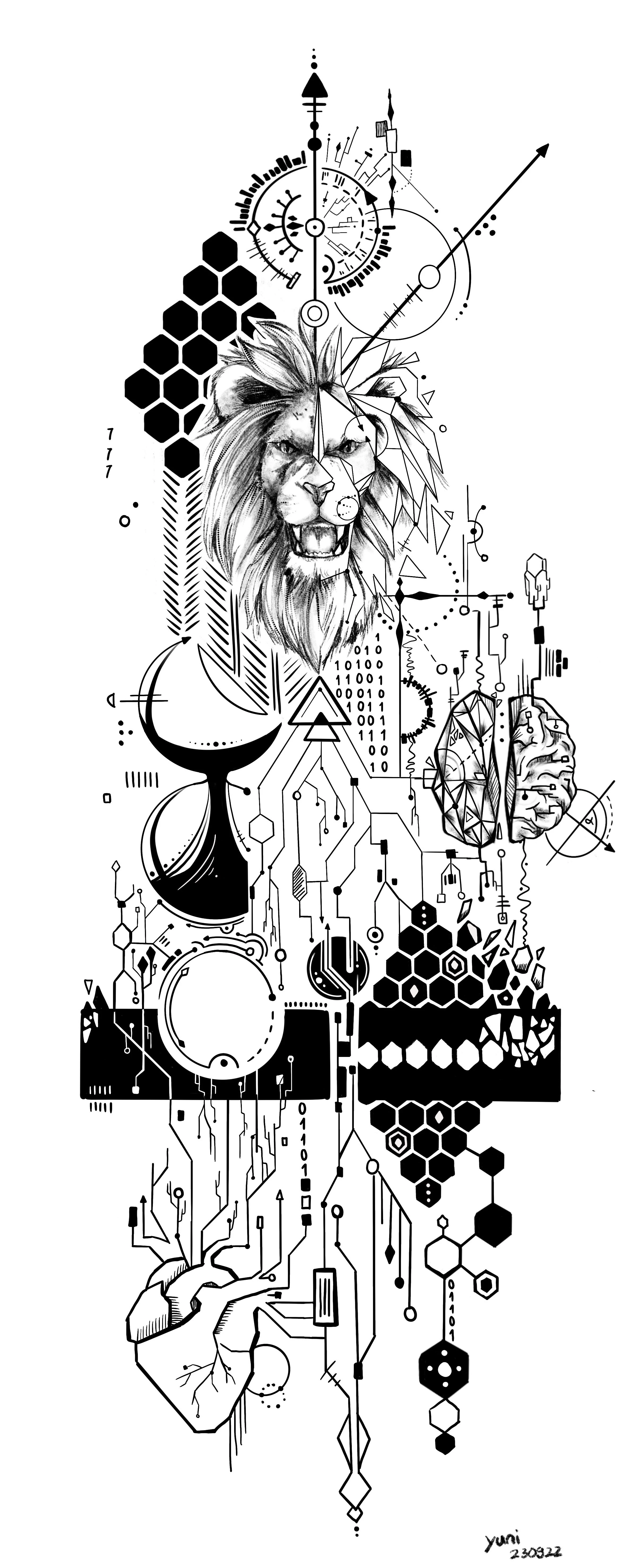 Tattoo Sleeve Design Lion with technical pattern heart and brain