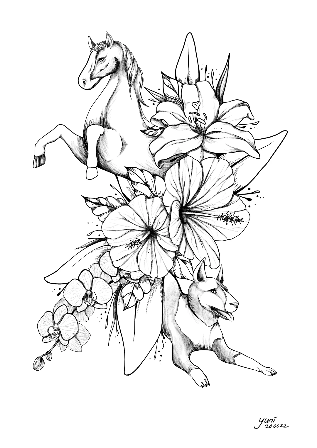 tattoo drawing lily dog horse flowers