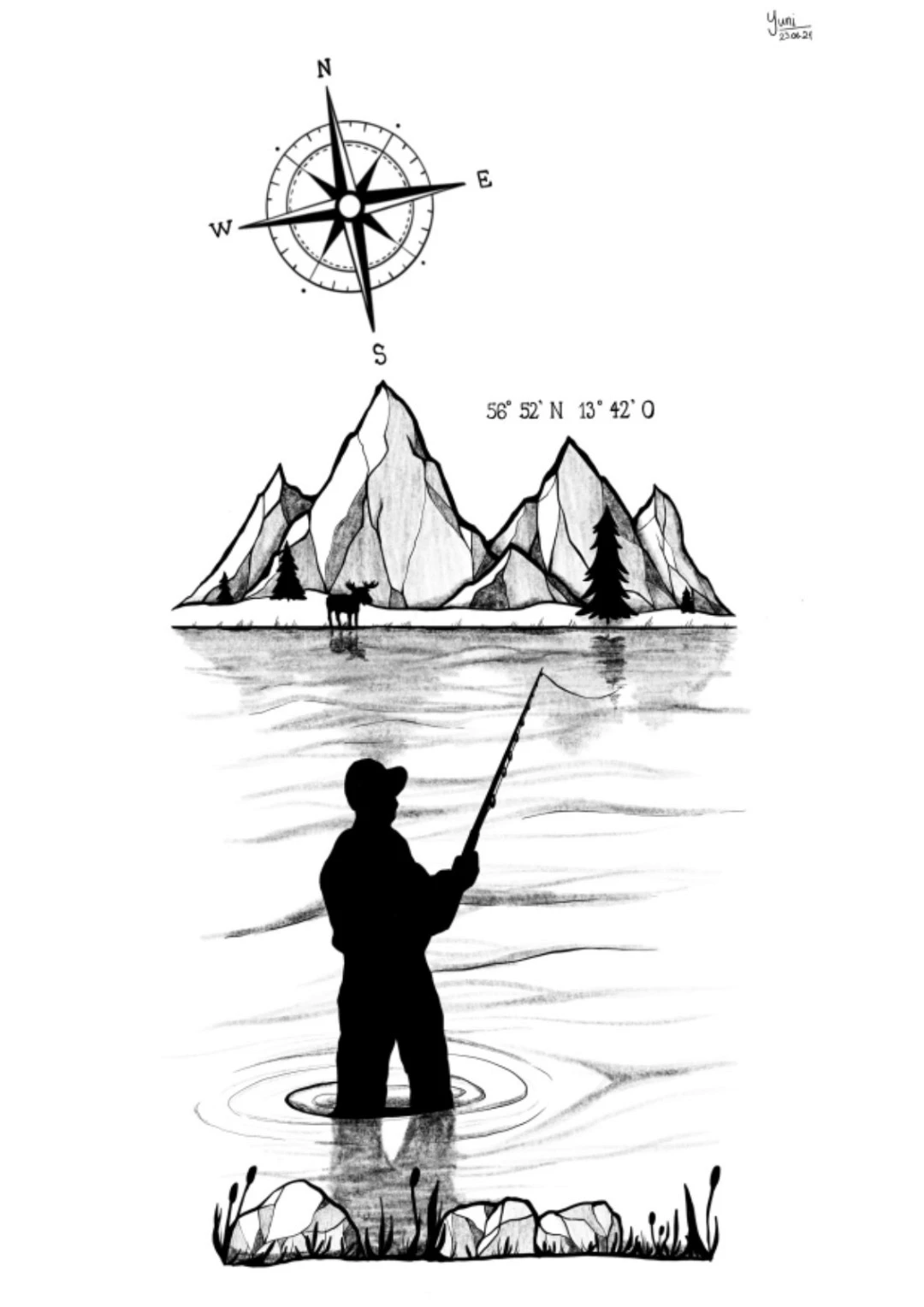Tattoo Design Lanschaft Angler Kompass Koordinaten