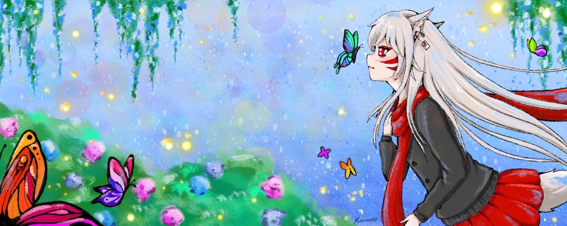 illustration banner foxgirl hydrangea garden with butterflies