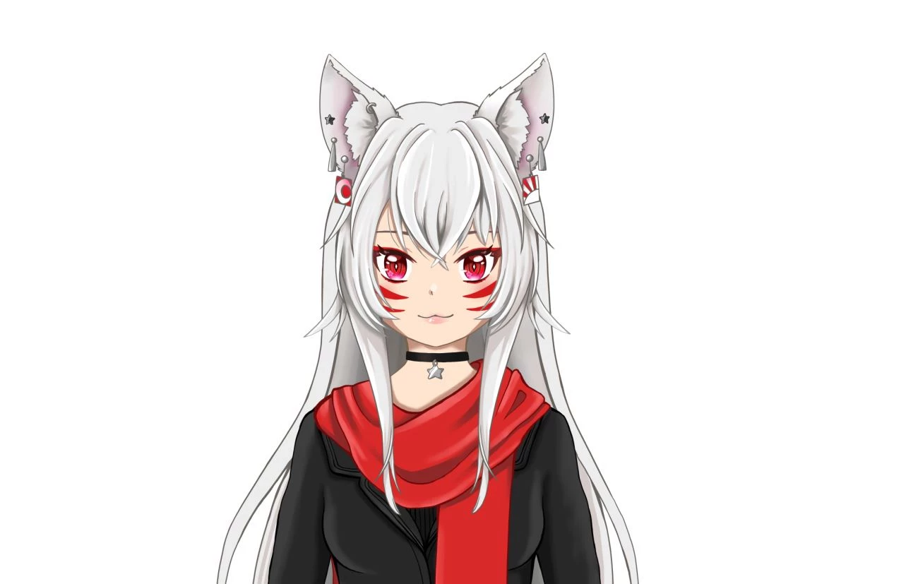 v-tuber model yuninari foxgirl with white hair and red scarf