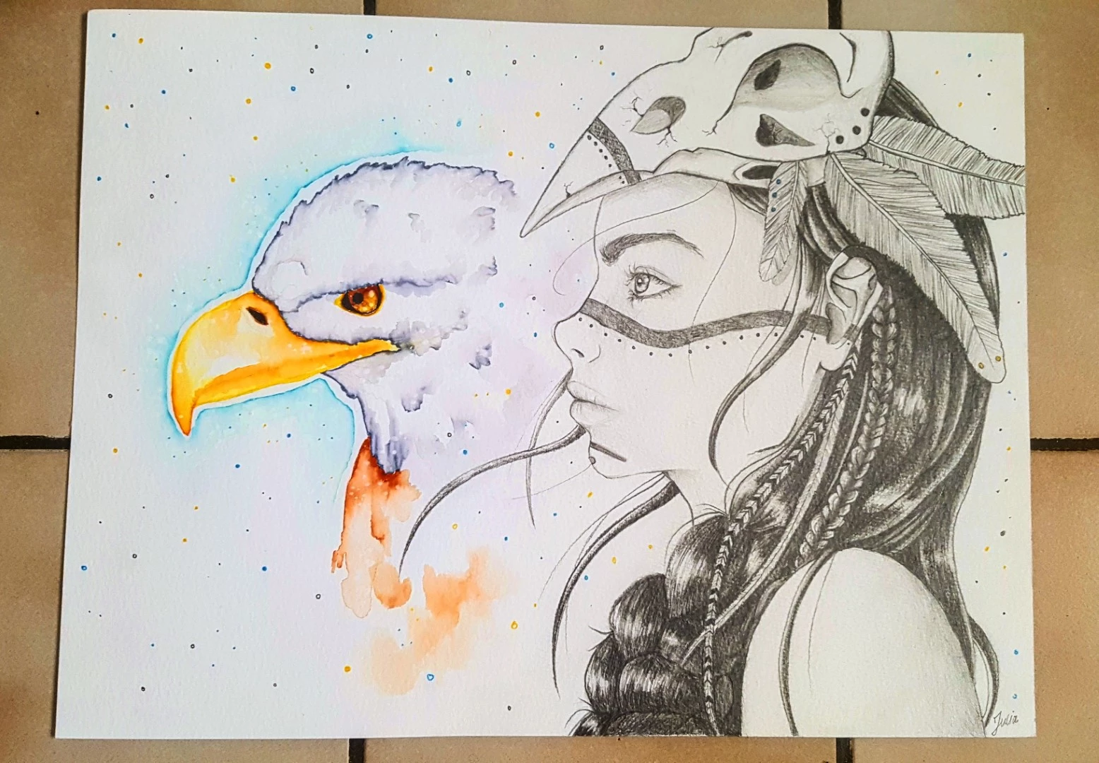 Zeichnung einer Indianer Frau mit Adler Wasserfarben