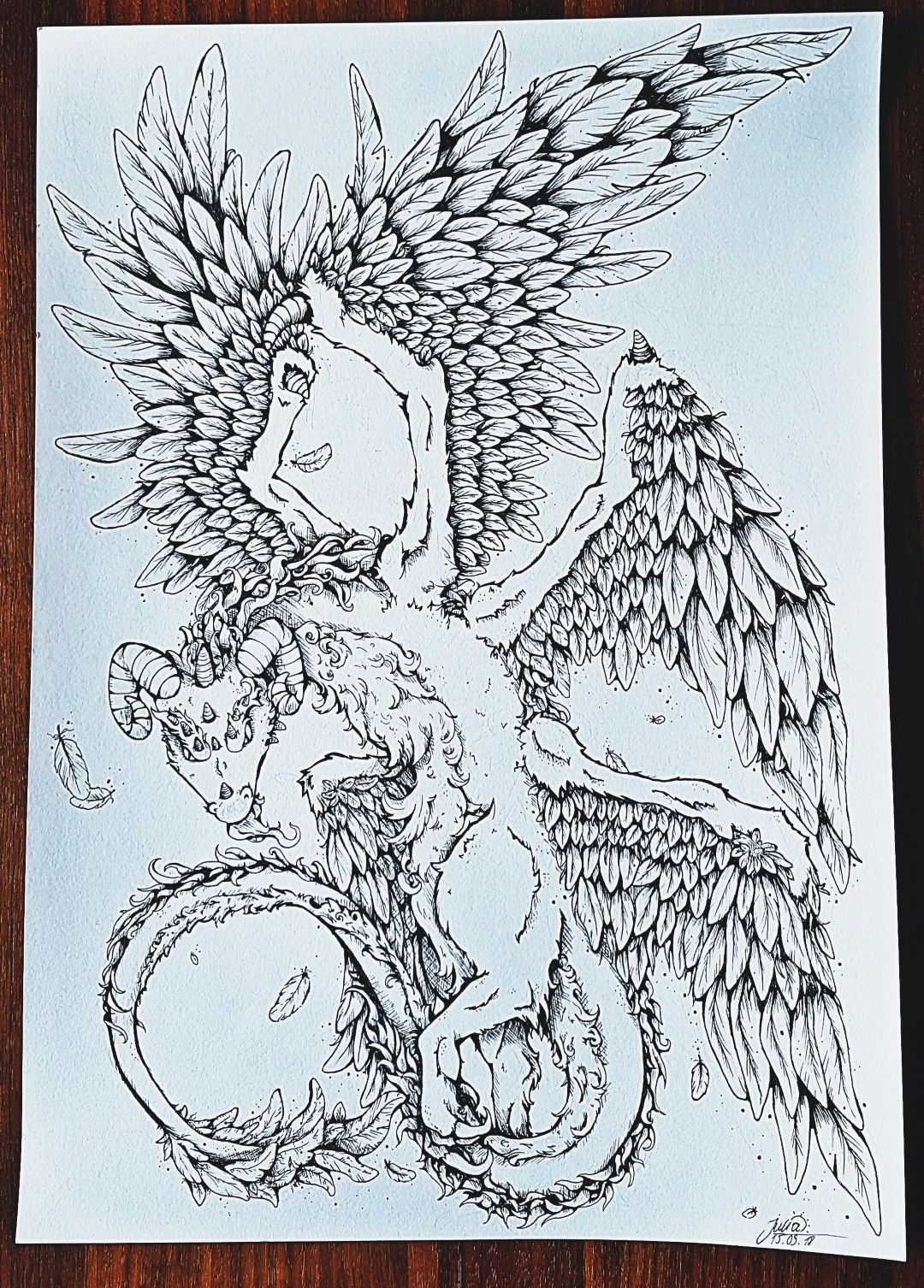 Fineline drawing of a feathered dragon